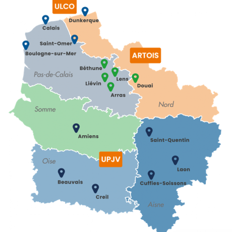 Carte des villes où sont présents les établissements de l'A2U