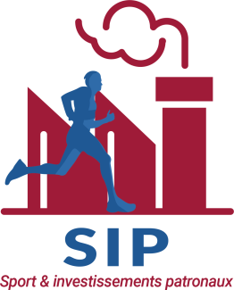 Logo du projet SIP avec un usine rouge en fond et une personne bleu qui court en premier plan