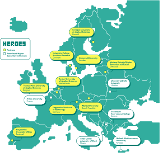 Carte des pays européens où figurent les universités de l'alliances Heroes