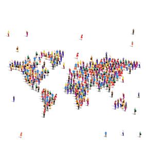 Carte du monde, les continents sont représentés par des personnes rassemblées