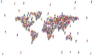 Carte du monde, les continents sont représentés par des personnes.