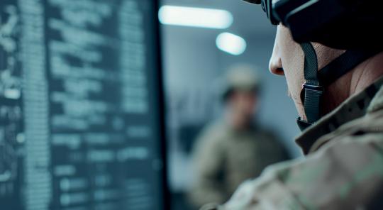 Un homme en tenue militaire regarde un écran d'ordinateur