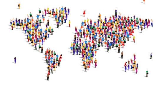 Carte du monde, les continents sont représentés par des personnes rassemblées
