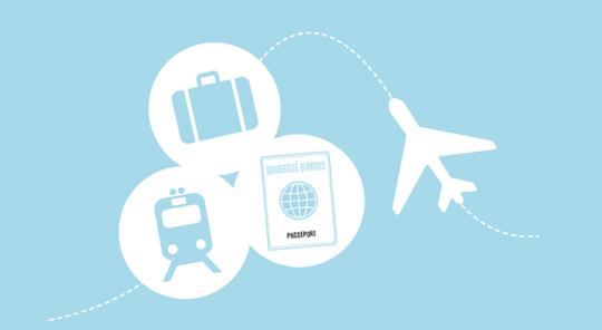 Icônes diverses rappelant le voyage (valise, avion, train, passeport)